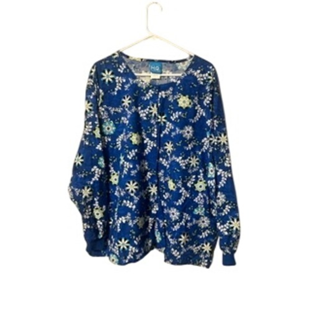 Scrub HQ Blue Floral Snap Front Scrub Jacket P/Size 3XL Ribbed Cuffs 4350 Zina